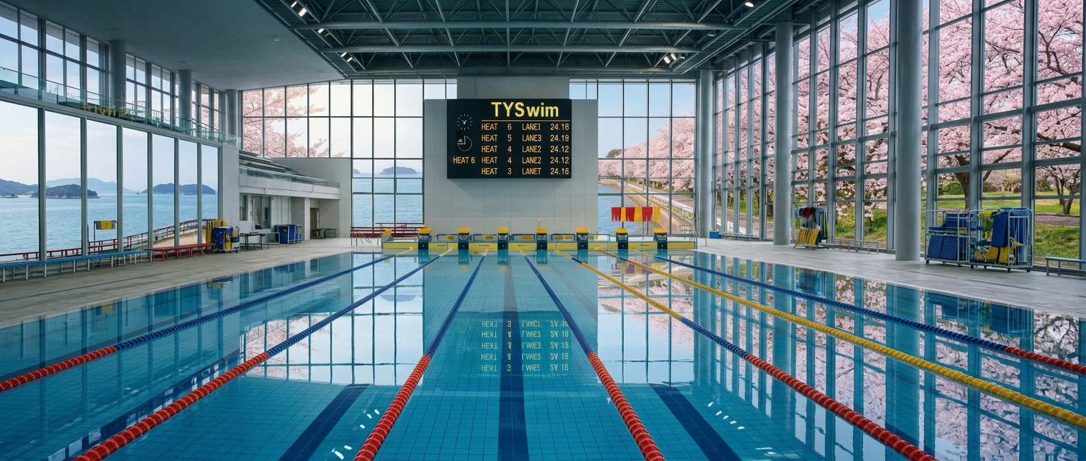 Swimmers racing in lanes at an indoor swimming competition with digital scoreboard