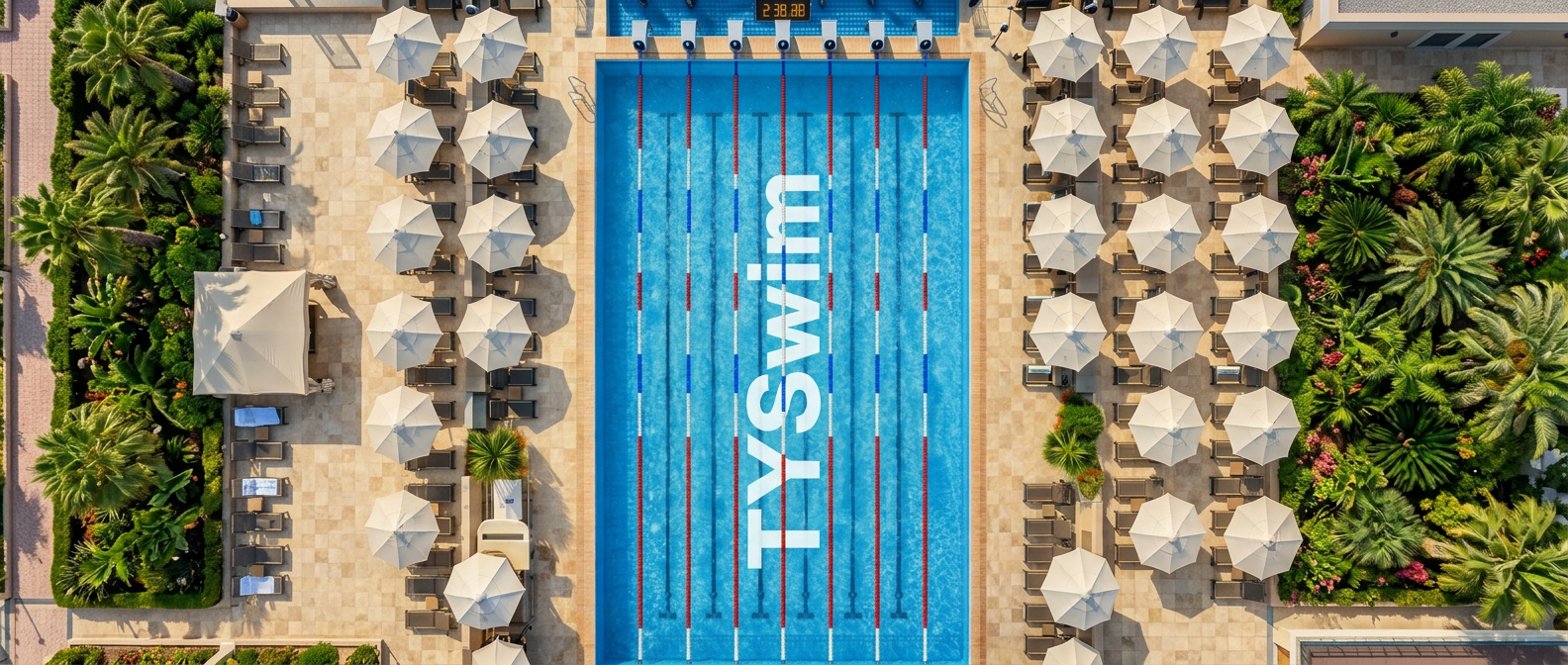 Four swimmers racing freestyle in an outdoor pool with officials and spectators watching