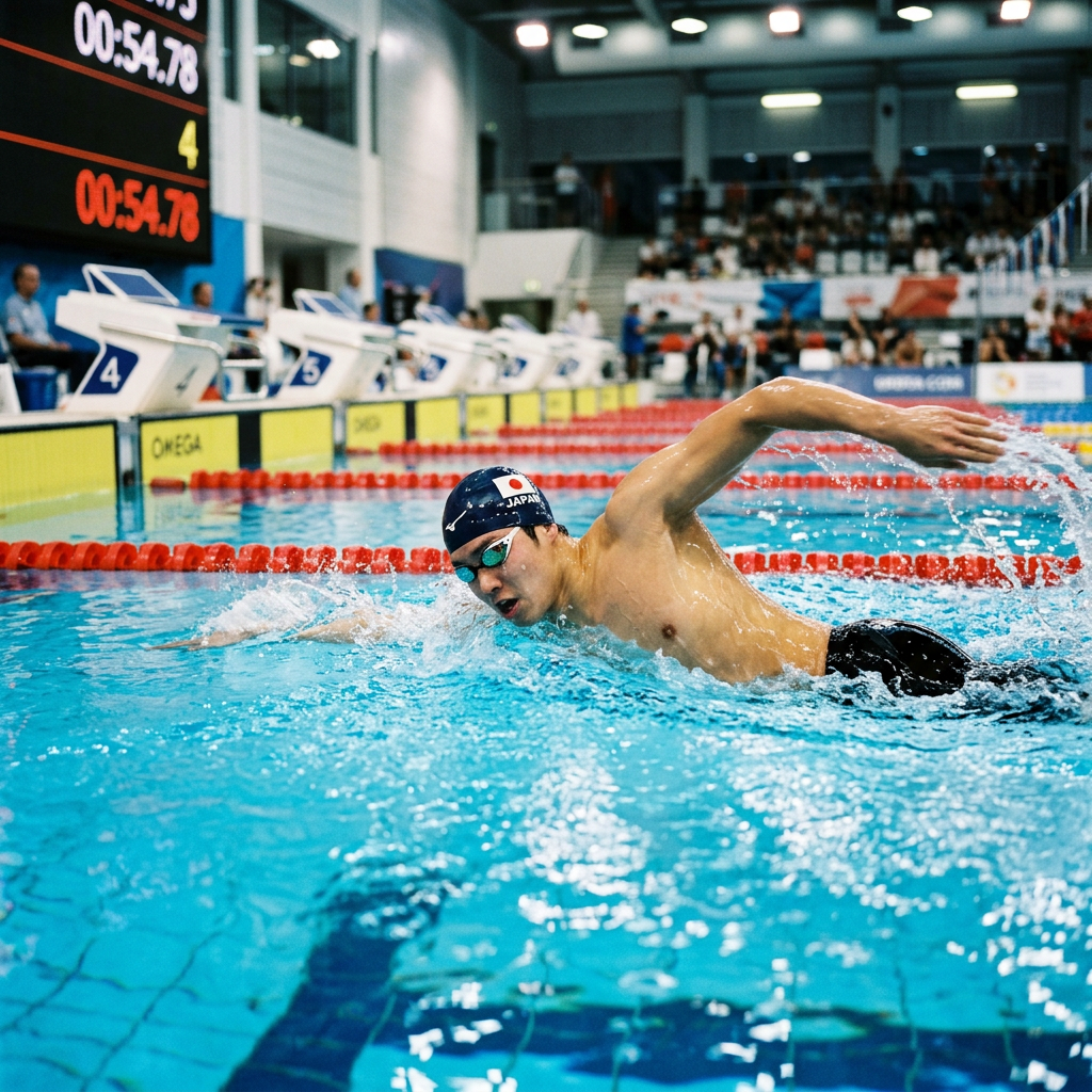 Swimmer wearing a Japan swim cap and goggles swimming freestyle in a pool during a race